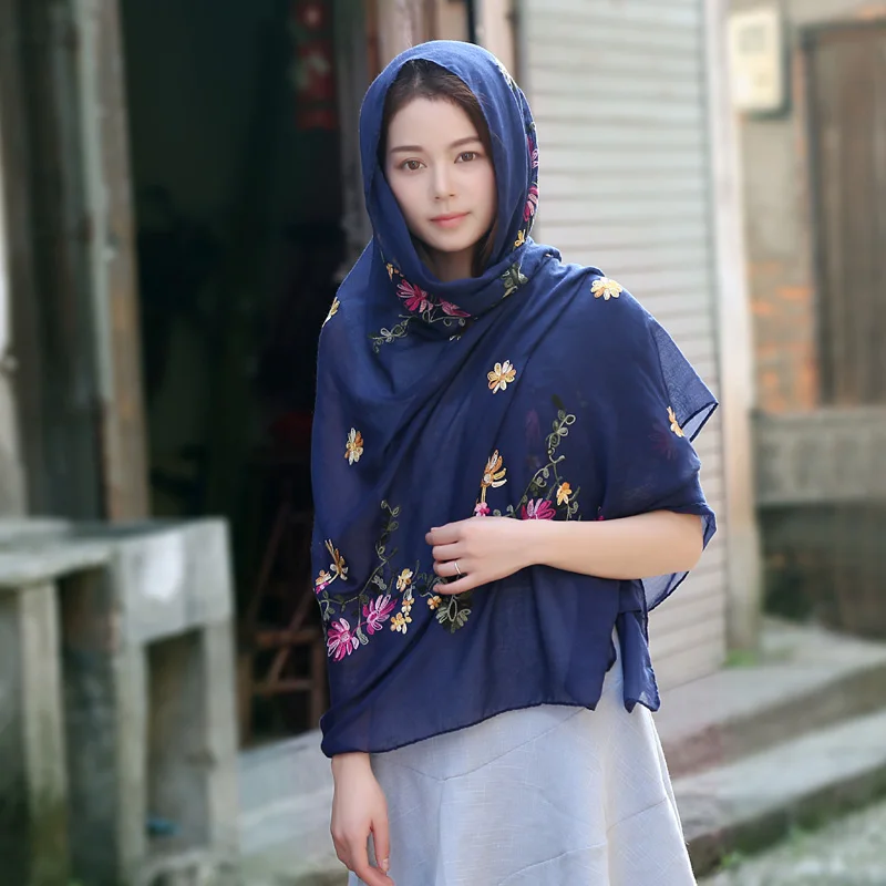 Plain Embroider Floral Viscose Shawl Scarf From Indian Bandana Cotton Linen Scarves and Wraps Soft Foulard Muslim Hijab Cap