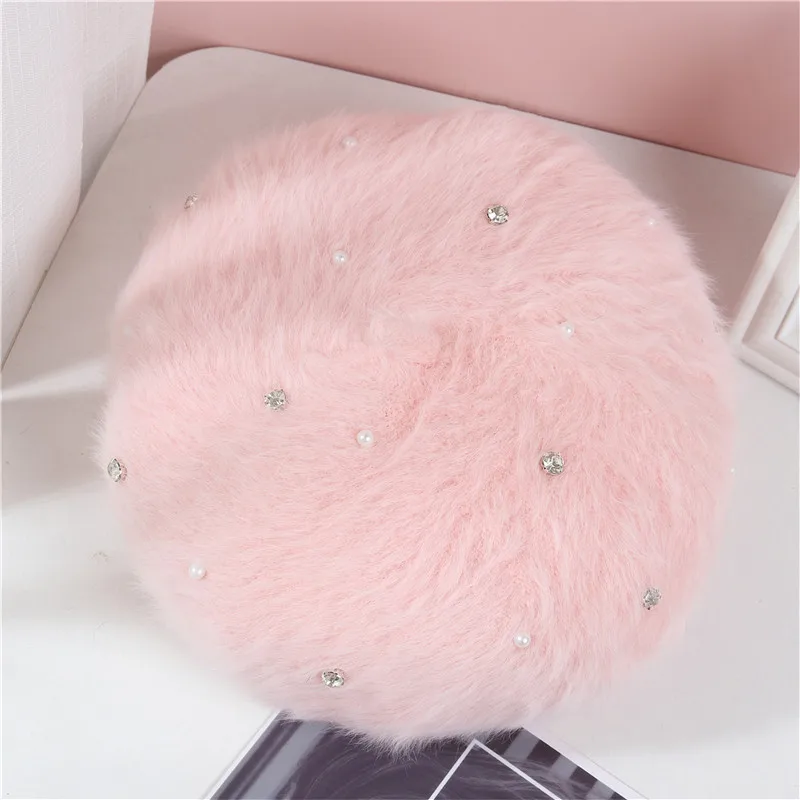 Winter Beret Women Thick Warm Soft Hat Female Solid Rabbit Fur Cap Brimless Skullies Pearl French Artist Beanies Outdoor Bonnet