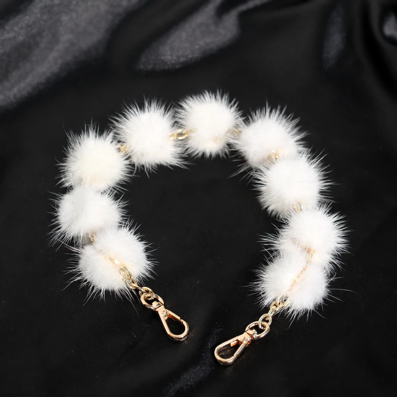 

Shoulder Bag Strap Part Accessories Apply To Handbag Real Mink Fur Pompom Ball White Short B3