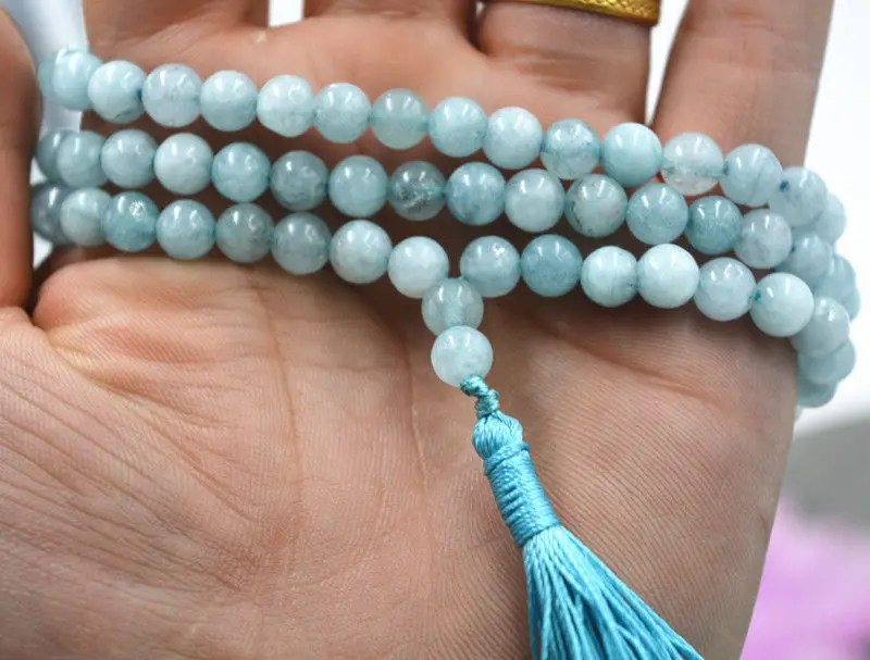 

new8mm stone Buddhist Natural Aquamarine 108 Prayer Beads Mala Bracelet Necklace