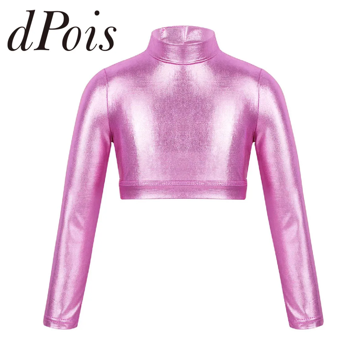 

Children Kids Girls Long Sleeves Mock Neck Glossy Metallic Tops Crop Top for Dancing Stage Performance Ballet Costume Dancewear