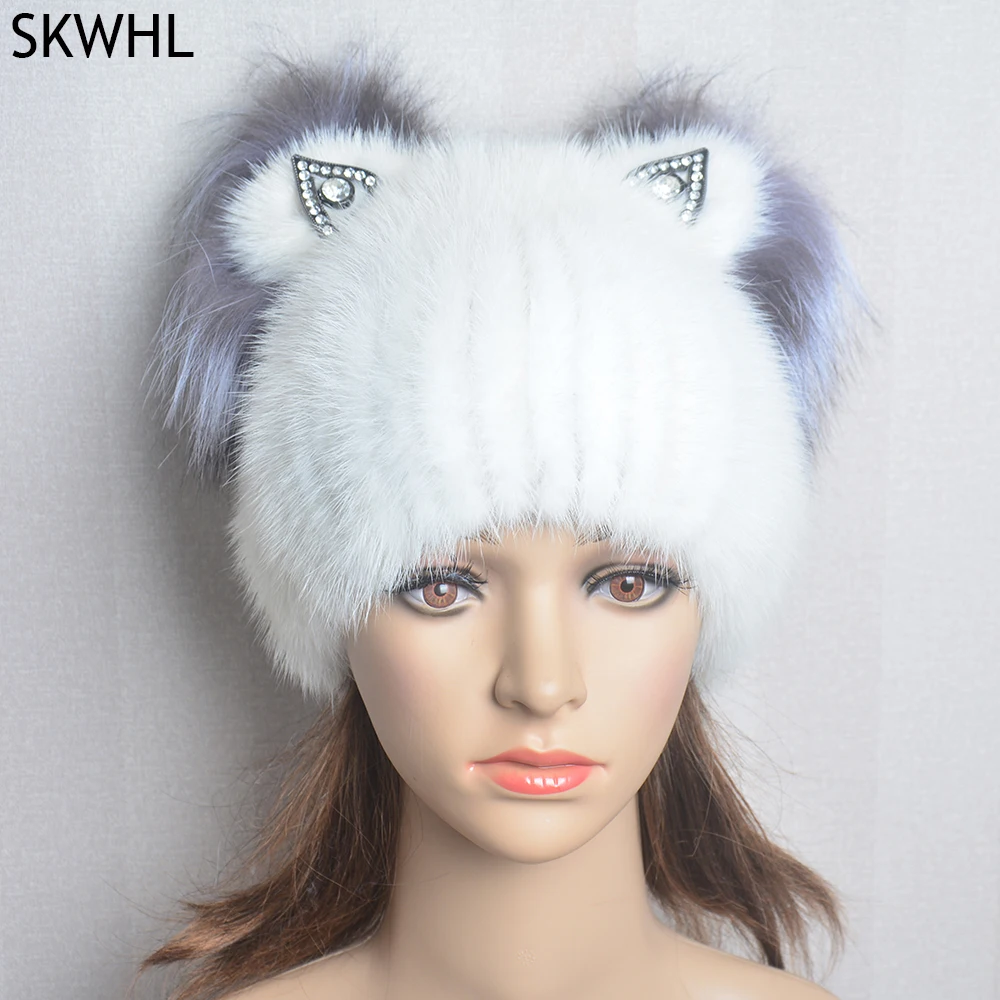 

Real Mink Fur Hat For Women Winter Mink Fur Hat With Vertical Weaving Cute Hat With Cat Ear Fashion Lady Natural Fox Fur Beanies