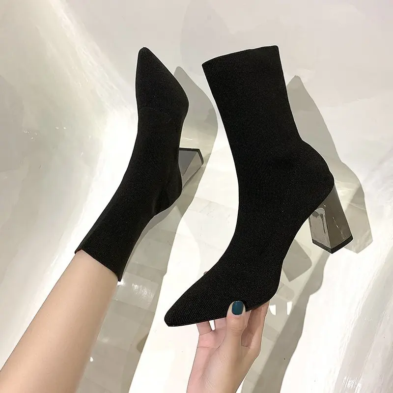 LazySeal 7cm Metal Square Heels Sock Boots Women Shoes Stretch Fabric Pointed Toe Stiletto-heel Shoes Woman Winter Ankle Boots