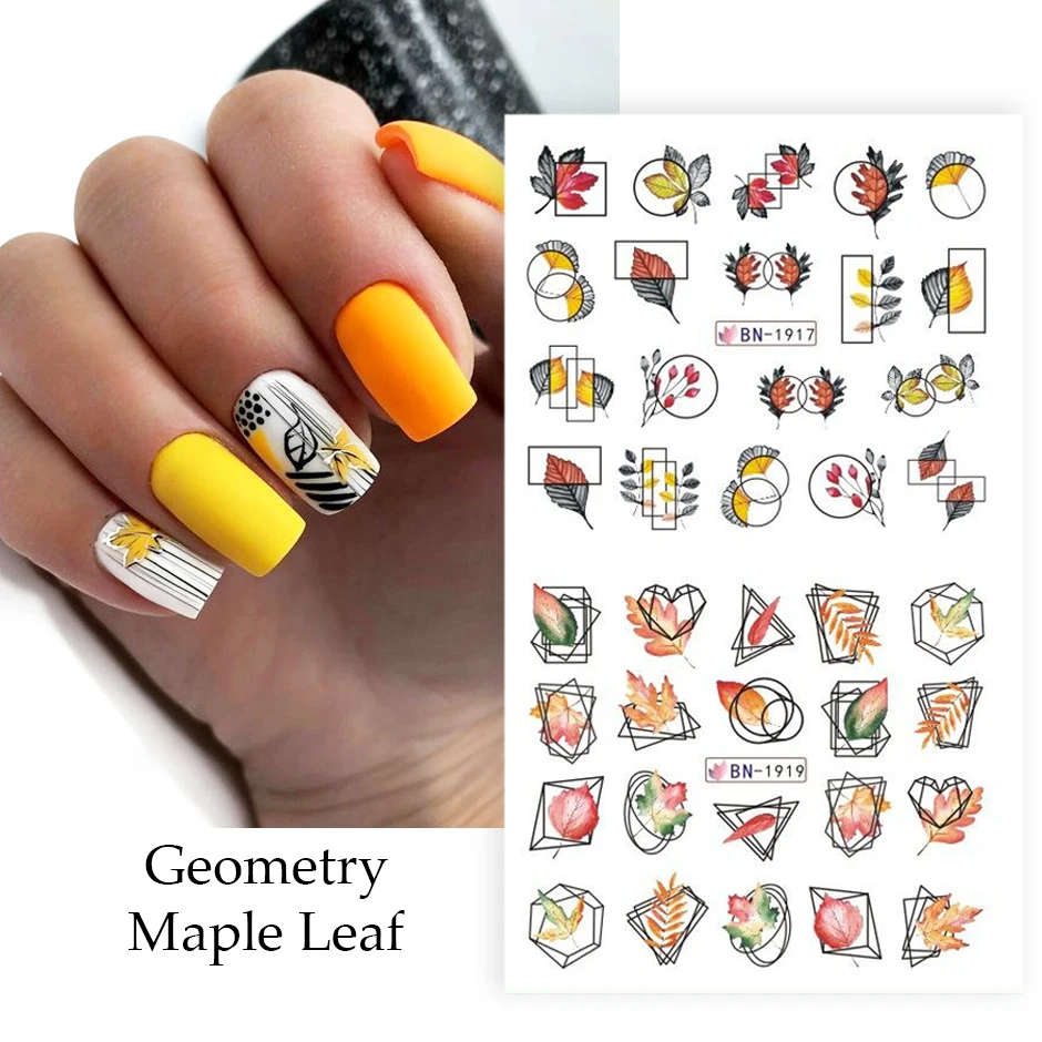 12pcs Golden Maple Leaf Nail Water Decals Geometry Fox Pumpkin Transfer Slider Autumn Design Fall Sticker Manicure NTBN1909-1920