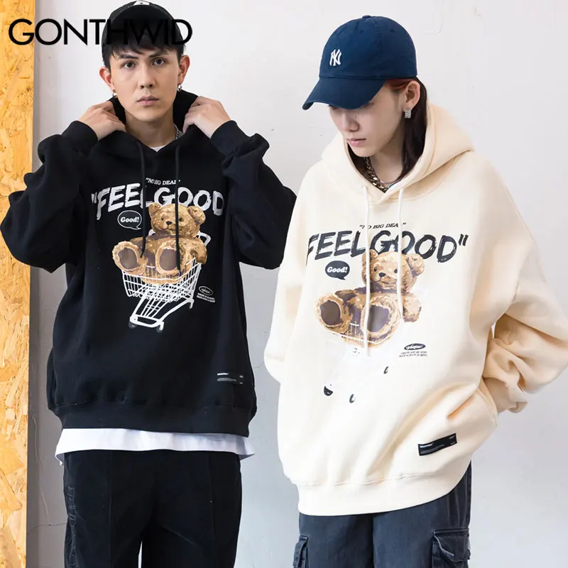 GONTHWID Men Hip Hop Hoodie Sweatshirt Streetwear Funny Bear Print Hooded Harajuku Winter Cotton Fleece Pullover Khaki Black