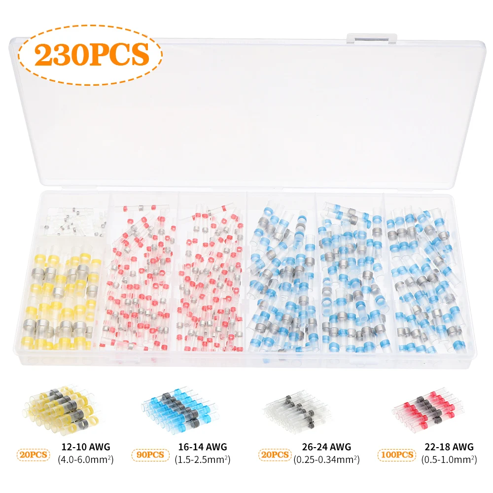 

230pcs Heat Shrink Soldering Sleeve Terminals Insulated Waterproof Butt Connectors Kit Electrical Wire Soldered Terminals