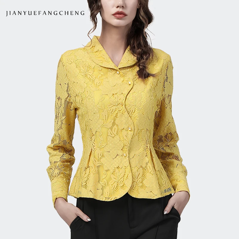 

Chic Peter Pan Collar Long Sleeve Lace Blouse Women Hook Flower Hollow Button-Down Shirt 2021 Autumn New Elegant Slim Work Tops