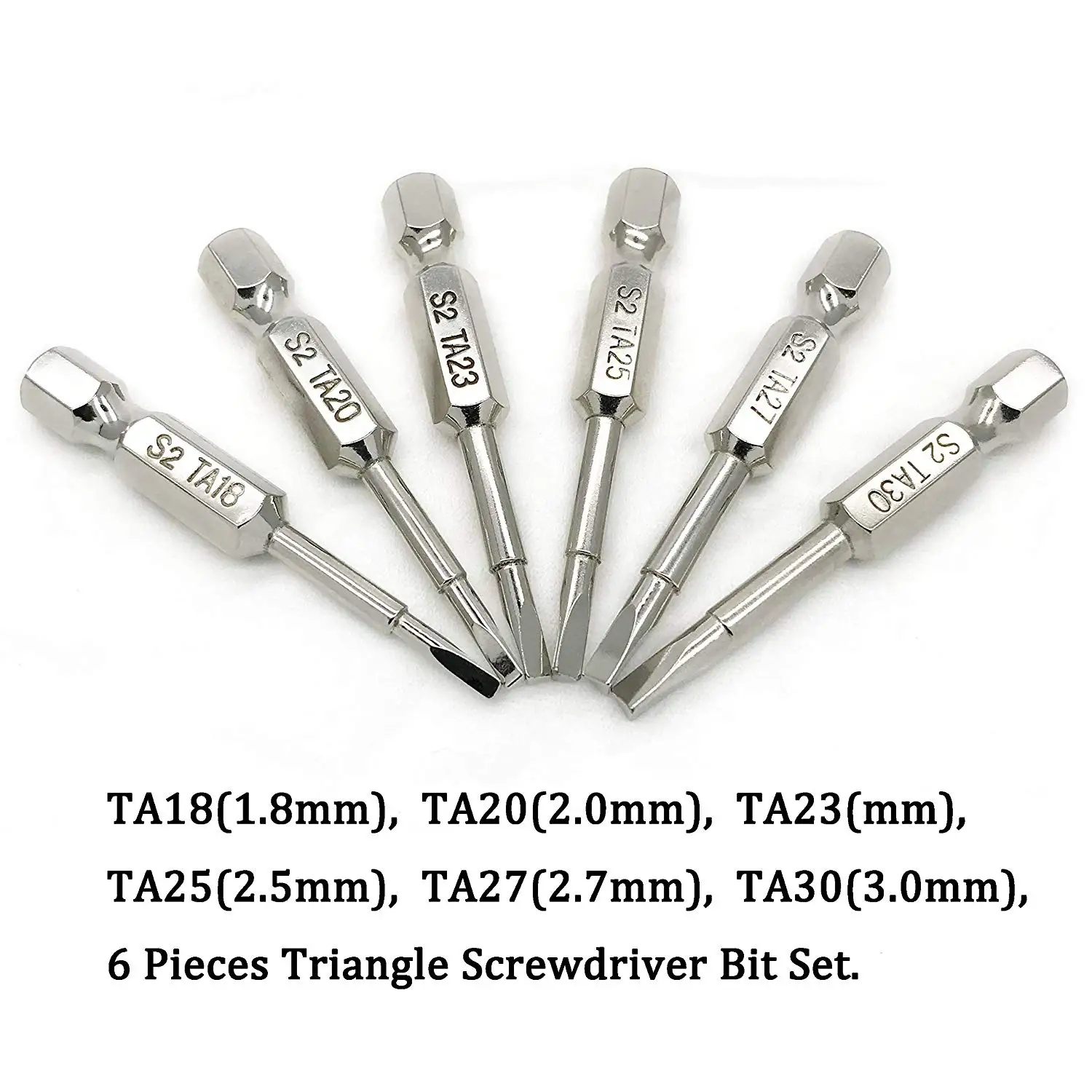 Conjunto de brocas com 6 peças de chave de fenda magnética, pontas triangulares, aço s2, 1/4 ", haste hexagonal, cabeça de 50mm, adequado para chaves de fenda elétricas