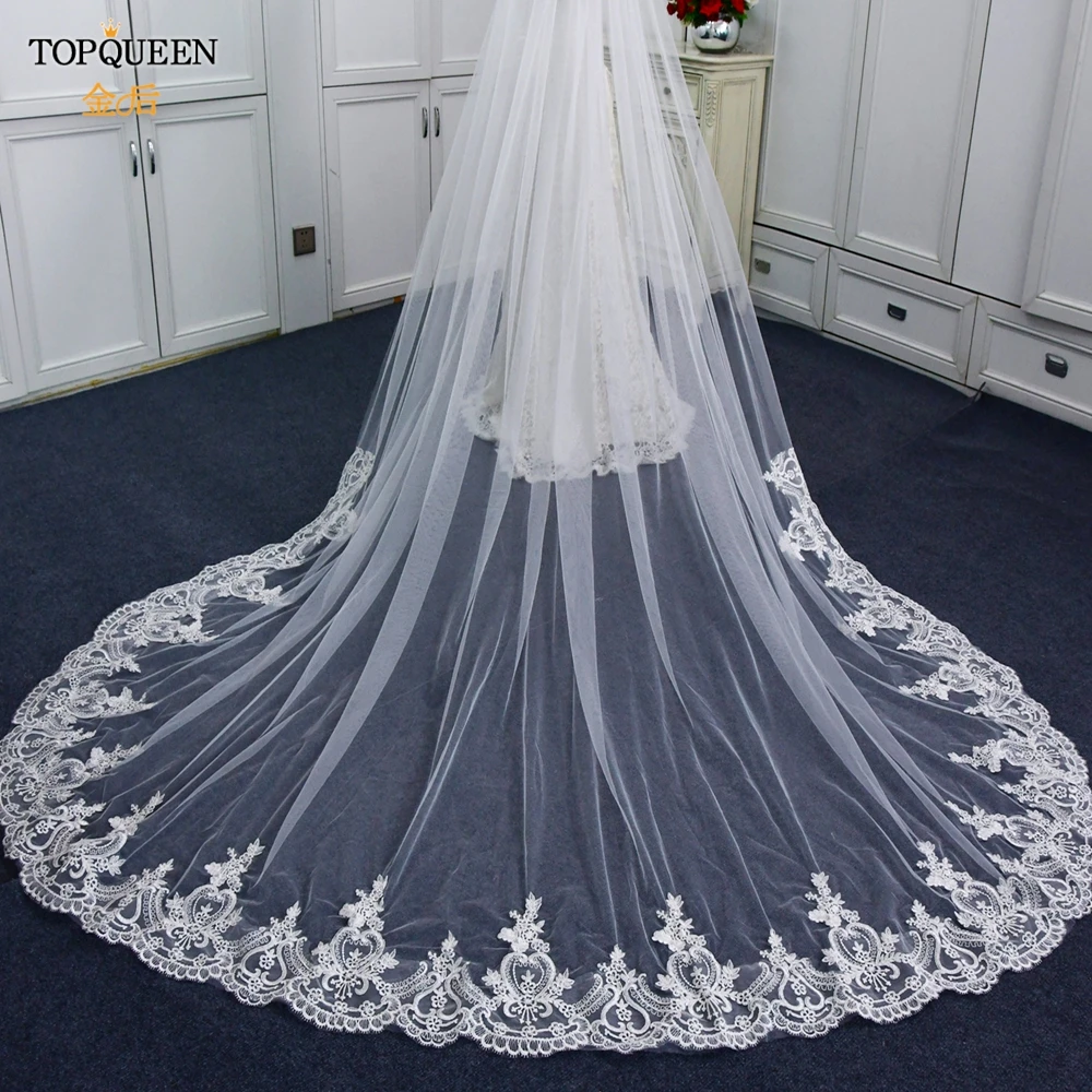 TOPQUEEN V73 French Alencon Lace Embroidery Applique 3m Long Cathedral Wedding Veil With Comb Wedding Veil Tulle Transparent