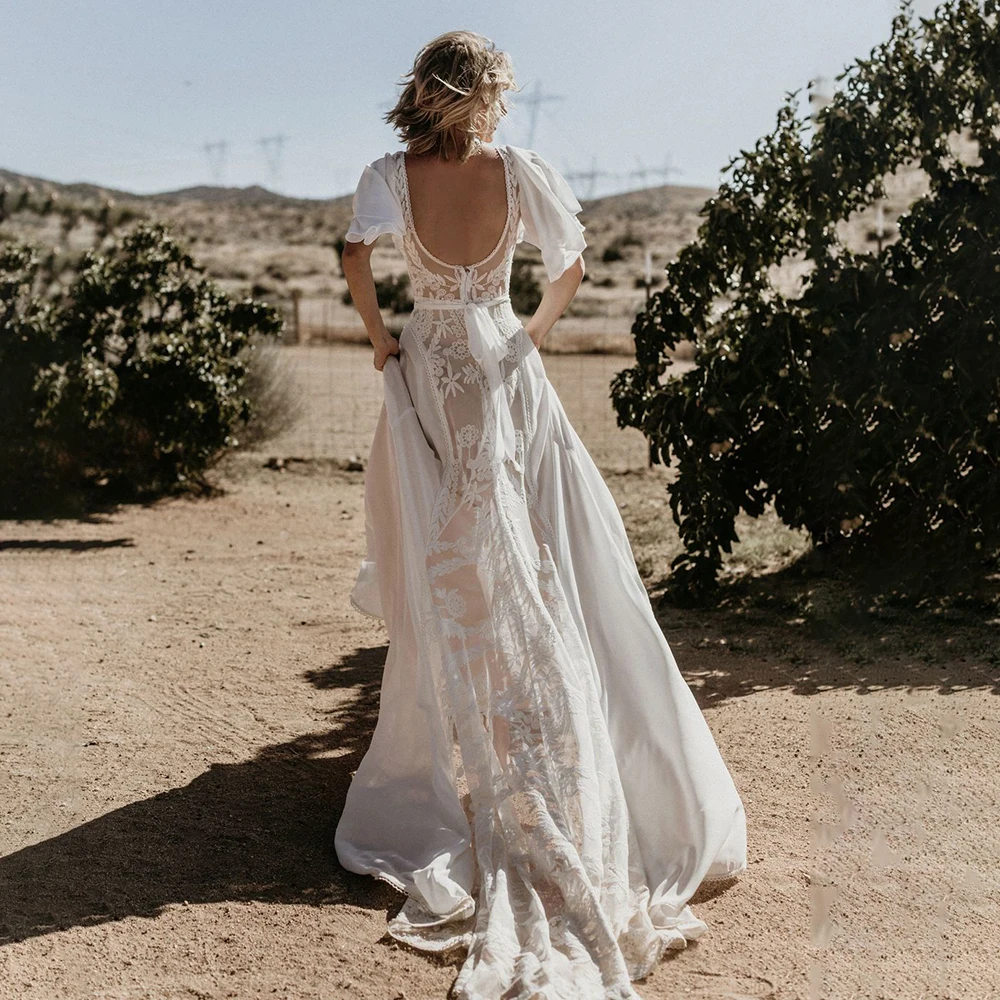 Vestido de novia de encaje romántico con cinturón de fotos reales, Mangas de capa, gasa, espalda abierta, hecho a medida, largo, rústico, cuello en V, bohemio