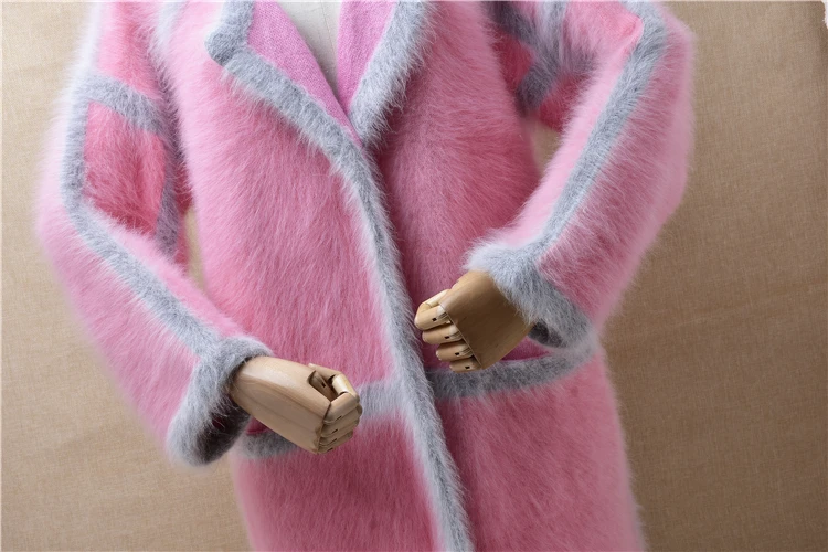 1.2KG heavy thick female women sweet pink mink cashmere knitted long sleeves loose cardigans angora fur jacket coat sweater pull