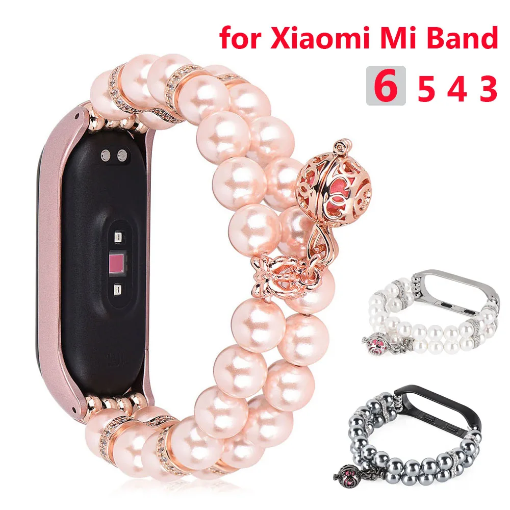 

Ремешок для часов Mi Band 5 Женский, браслет с жемчужинами и бусинами для Xiaomi Mi Band 6 5 4 3, сменный Браслет для наручных часов