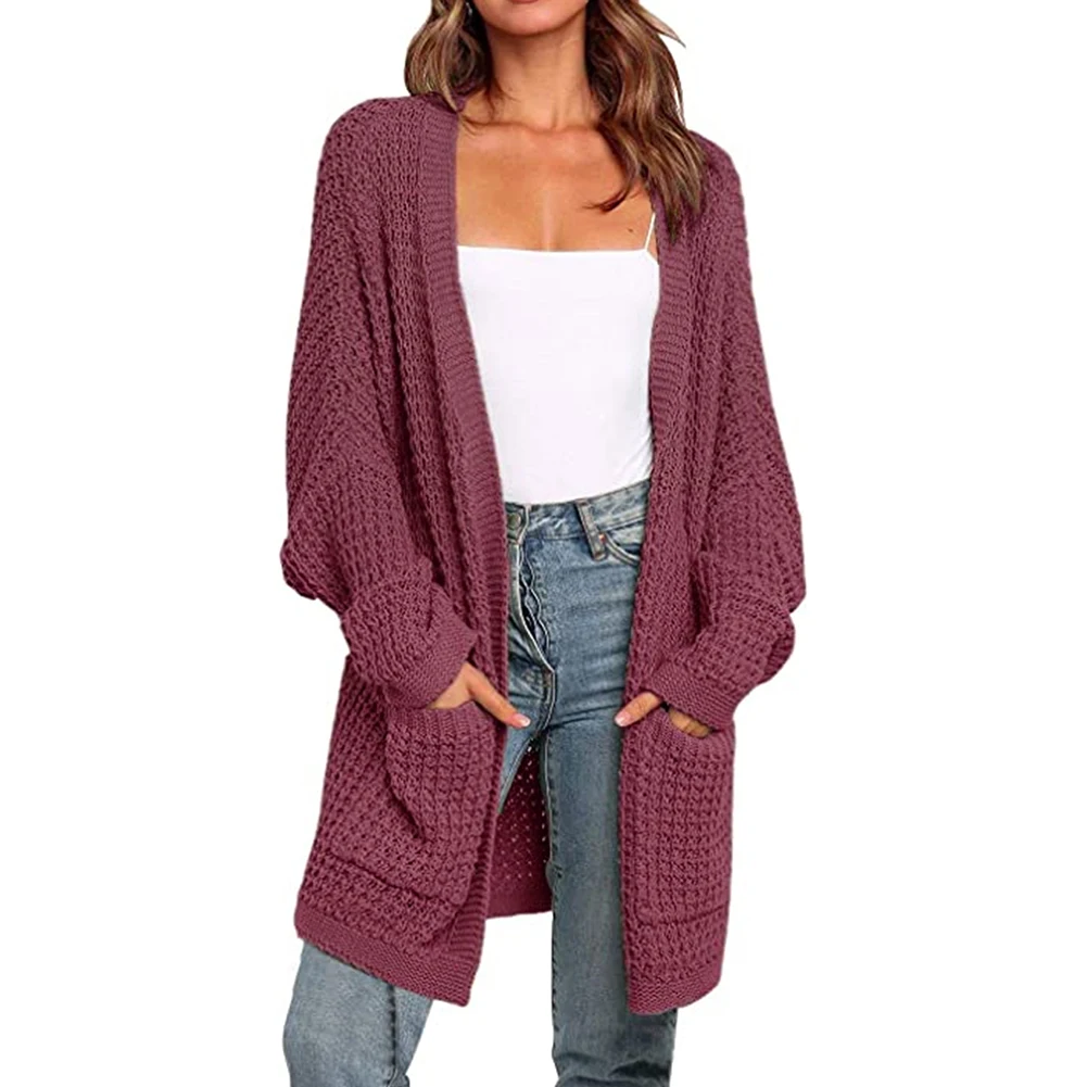 Solid Color Women Knitted Sweater Cardigan Loose Large Size Pocket Open Front Sweater Coat woman sweaters