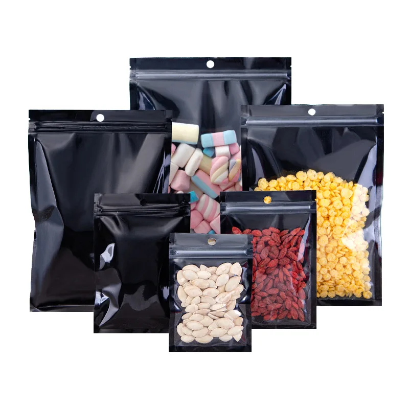 

1000Pcs/Lot Black Resealable Smell Proof Flat Ziplock Aluminum Foil Bag Clear Front Hang Hole Packing Bag For Food Storage