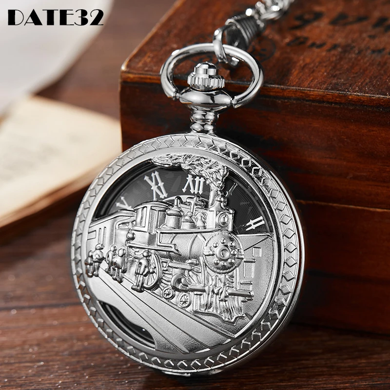 

Roman Numeral Vintage Mechanical Pocket Watch Skeleton Steampunk Sliver Train Antique Fob Chain Clock for Men Women Collection