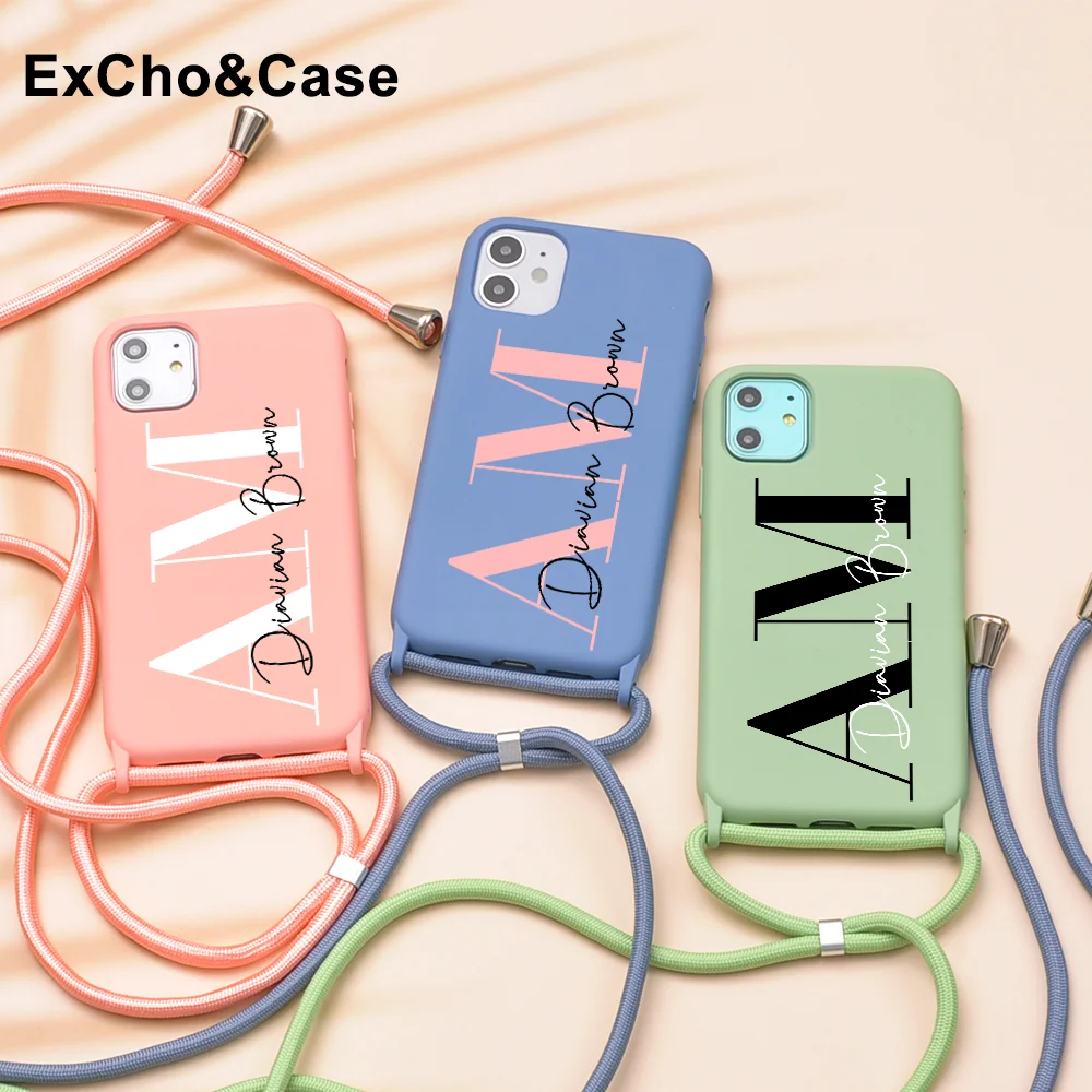 

Custom Name Rope Crossbody Phone Case For iPhone 11 12 Pro Max 7 8 Plus X XS XR SE Personalised Women Luxury Cute Silicone Cover