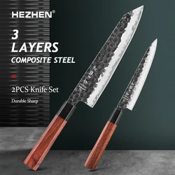 HEZHEN 2PC Kitchen Knife Set 3 Layers Composite Steel Beautiful Gift Box Chef Utility Retro Series Stainless Steel