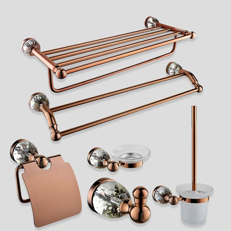 Rose gold solid brass crystal Bathroom hardware accessory set Artistic Luxury high quality Towel rack towel ring clothes hook