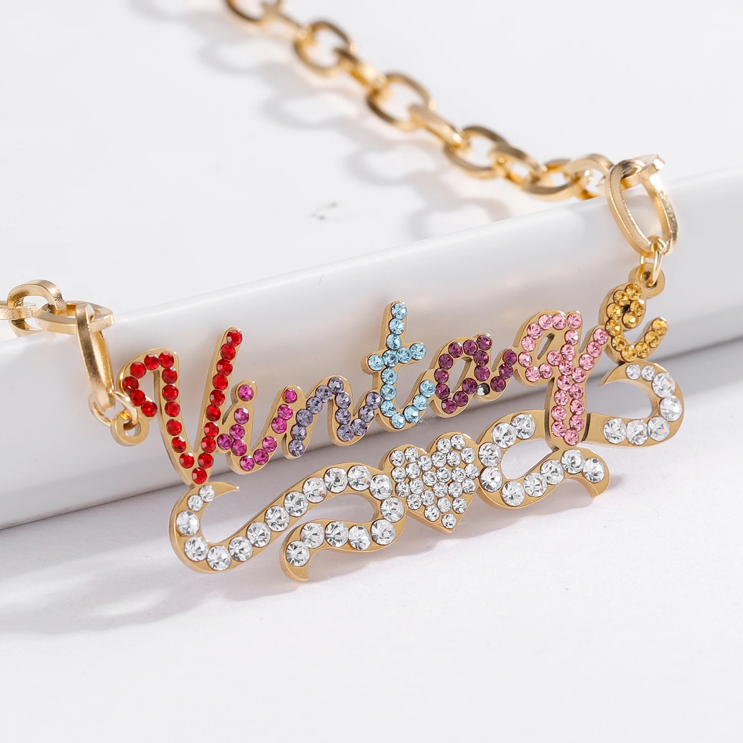 2021 Trend Rainbow Letter Name Pendant Chain Necklaces Elegant Mother Gift Zirconia Chunky Chain Necklace For Women Collares