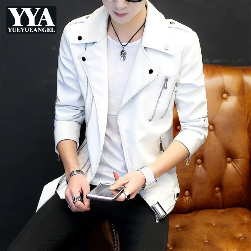 ฤดูใบไม้ร่วงหล่อ Mens Slim Fit Pu หนัง Punk สไตล์ Biker Faux หนัง Outwear ผู้ชายบุคลิกภาพซิปเสื้อสีขาว