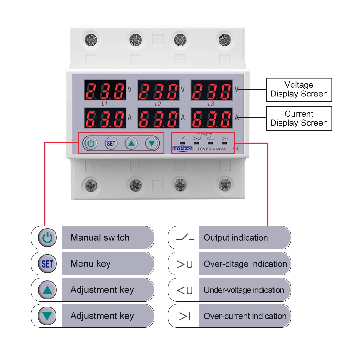 Imagem -02 - Fases 3p Mais n Din Rail Voltímetro Amperímetro Ajustável sobre e sob Tensão Proteção de Limite de Corrente Monitor Relés Protetor 3