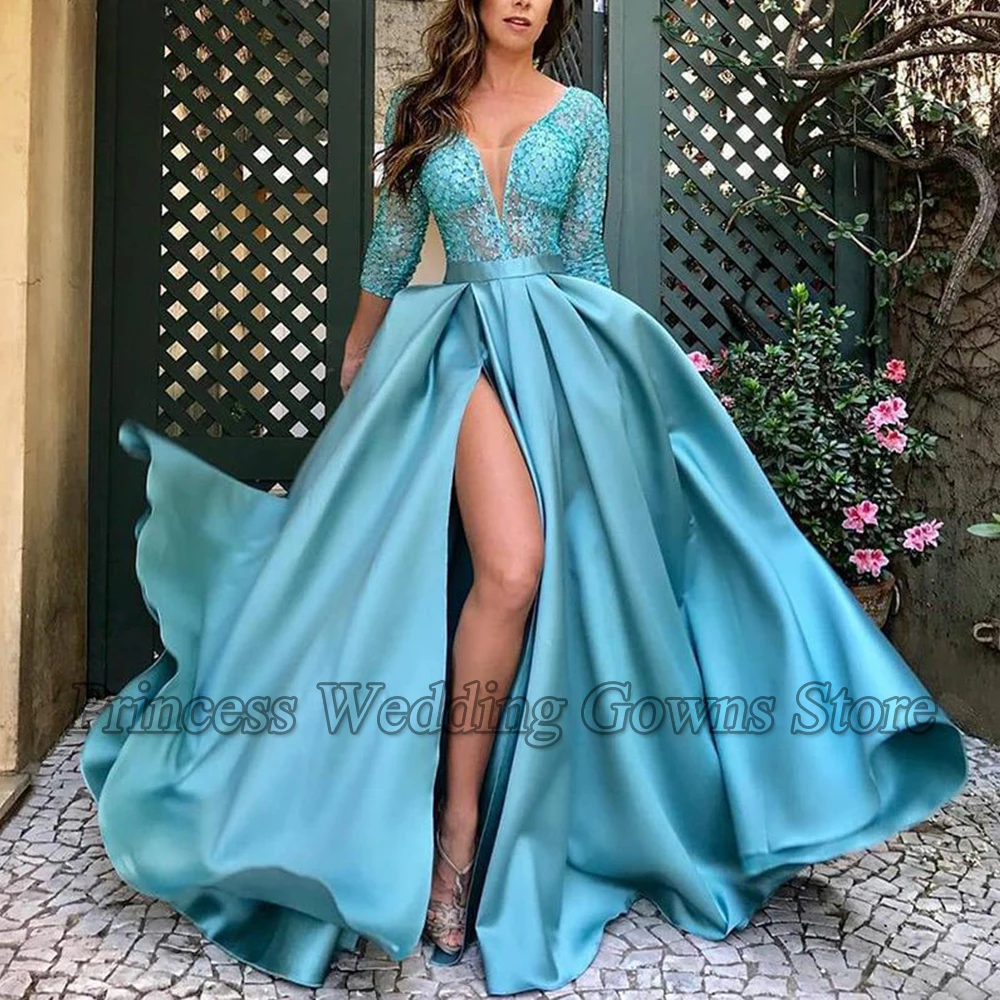 Vestido De noche De tul con diamantes De imitación para mujer, vestido De fiesta Formal con cuello en V, mangas largas, corte en A, color champán