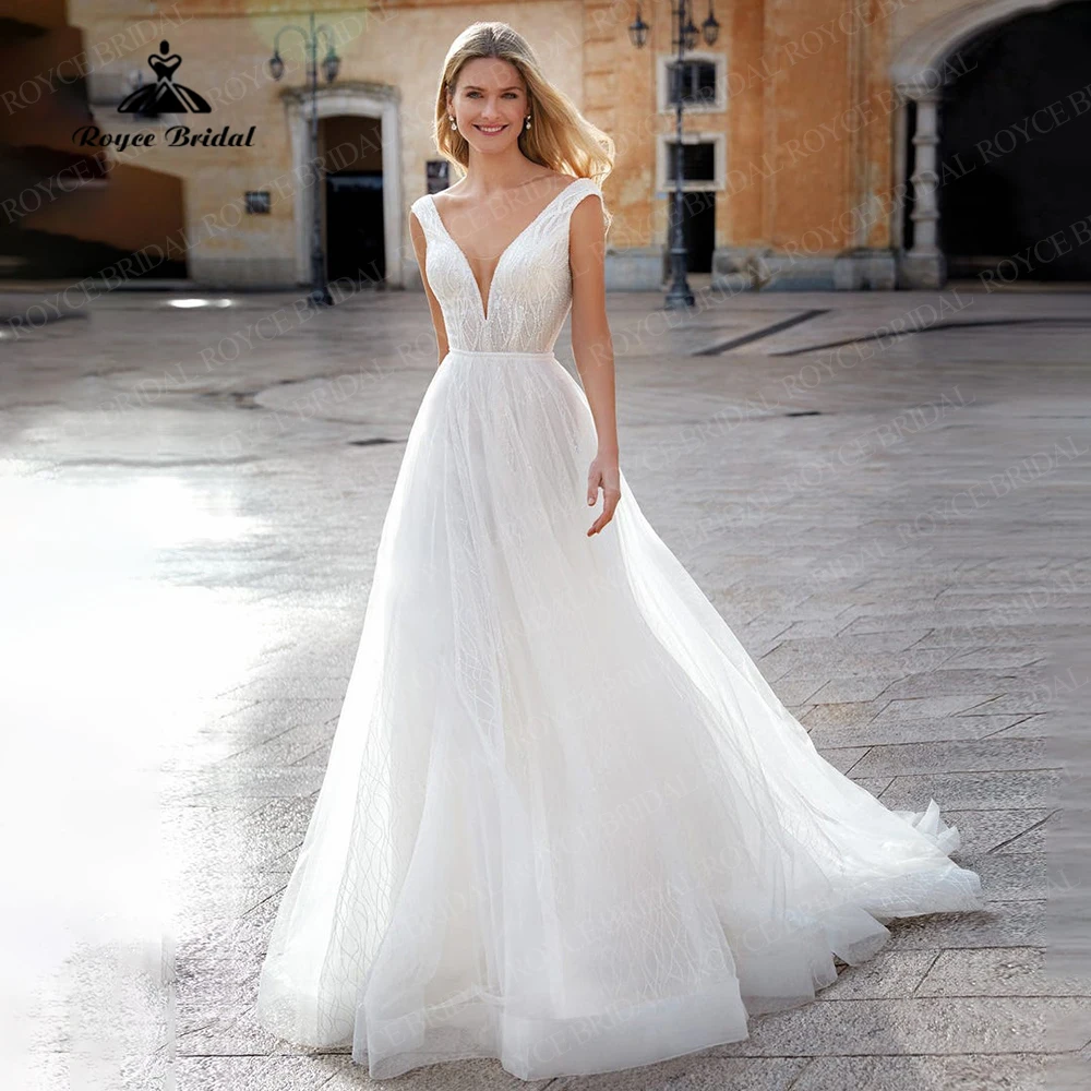 Roycebridal Strand A-Line Hochzeit Kleid Backless Gitter Tüll Brautkleider 2022 Gericht Trian tenue mariage bürger gießen la mairie