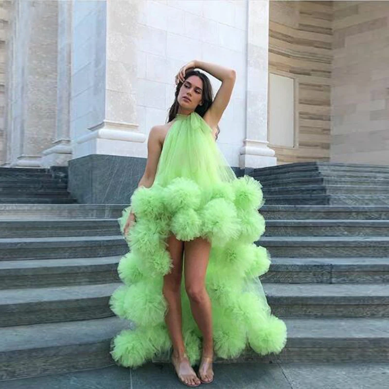 Neon Green Sexy Long Evening Formal Dresses robe de soiree Hi Low Ruffle Tulle Elegant Evening Gown Halter Party Dresses