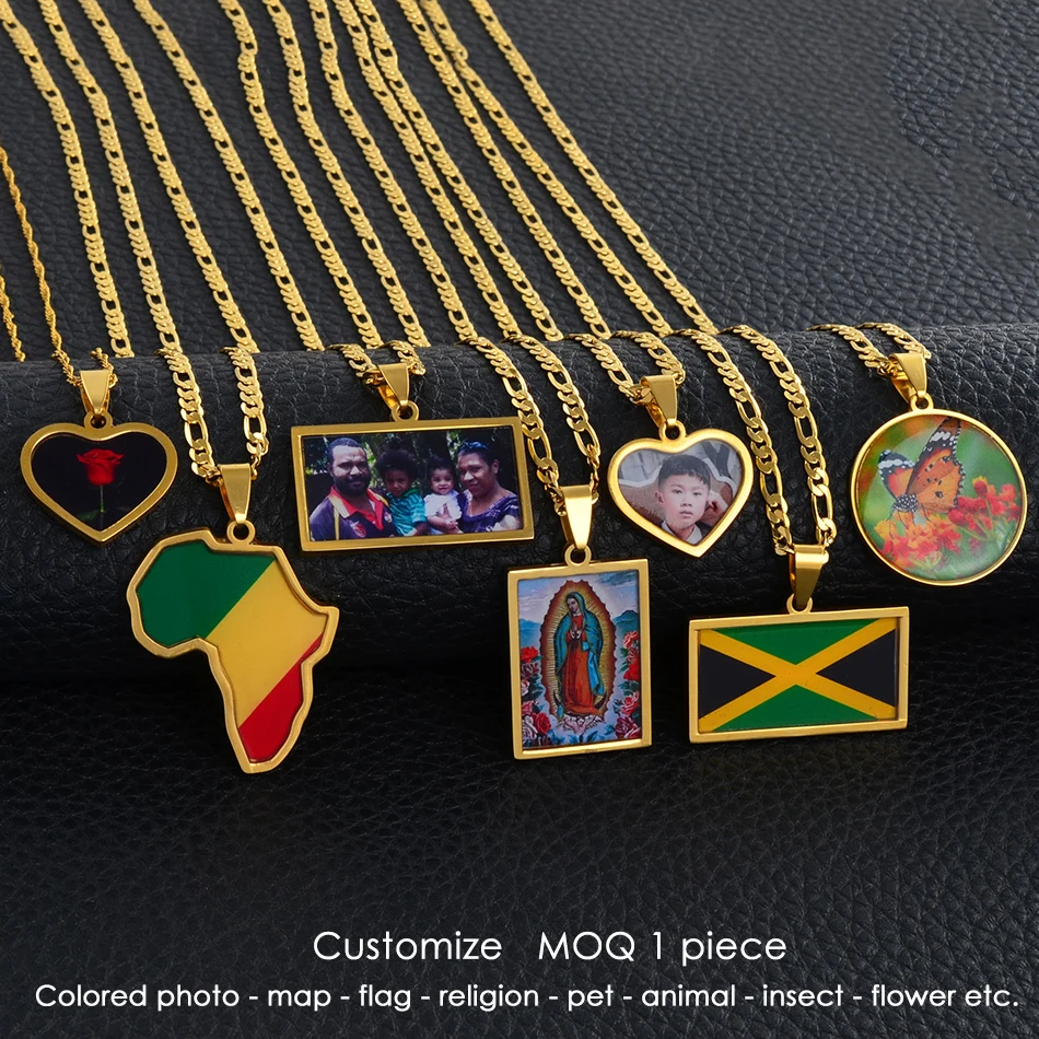 Custom Map Flag Pendant Necklace Private Medallions,Personalized Colored Photo Pet Butterfly Bird Animals Insect Customize