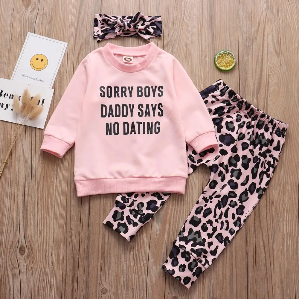 

3PCS Infant Baby Girls Clothing Set 0-4T Spring Fall Daddy Says No Dating Tops+Leopard Print Pants+Headband Toddler Girl Outfits