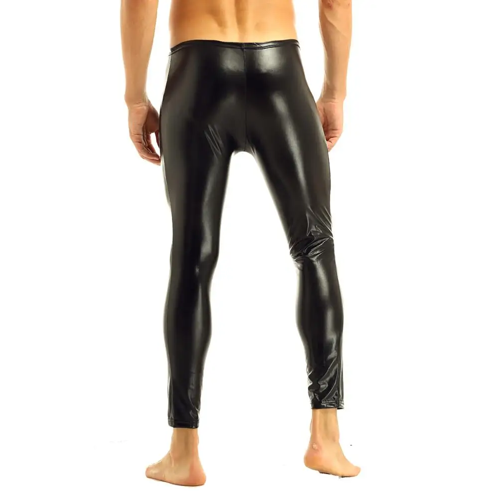 Mens Patent Leather Pants Stage Skinny Performance Pants Stretch Leggings Men Sexy Bodywear Trousers Underwear Clubwear