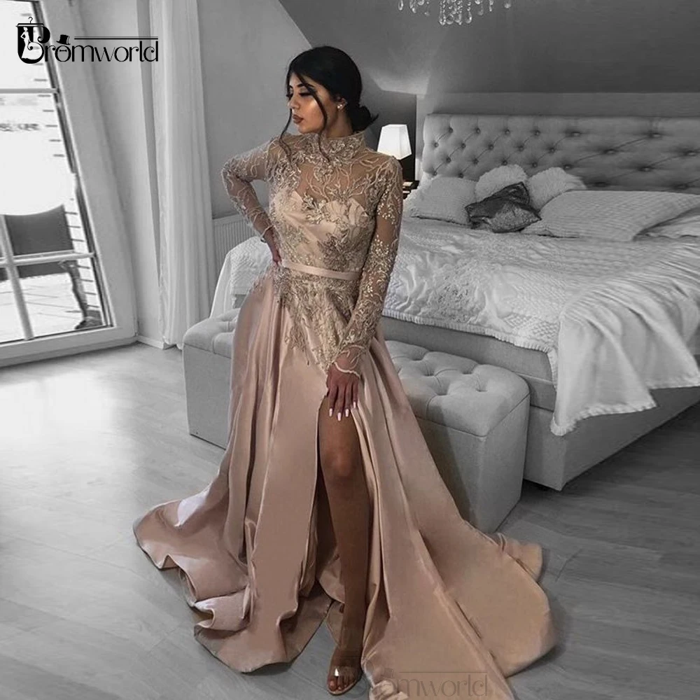 Hoge Hals Illusion Volledige Mouwen Champagne Avondjurken Lange Kant Formele Prom Dress 2020 A-lijn Slit Satin Vestidos Formales