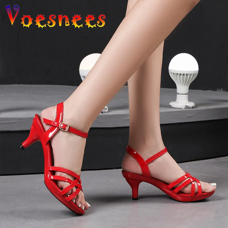 Comfortable Patent Leather Women Sandals Thick Platforms 6CM Stilettos Summer Hollow Out Thin Band Fashion Bridal Shoes 6 Color