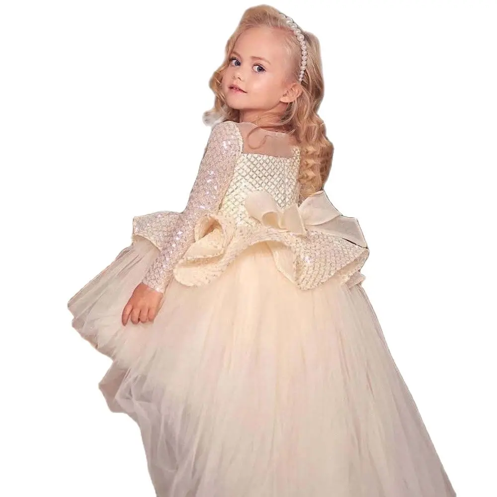 

Puffy Sequin Mesh Ball Gown Girl Party Dresses Kids Layers Flower Girl Dresses Glitter Bow Knot Princess Dress New Year Birthday