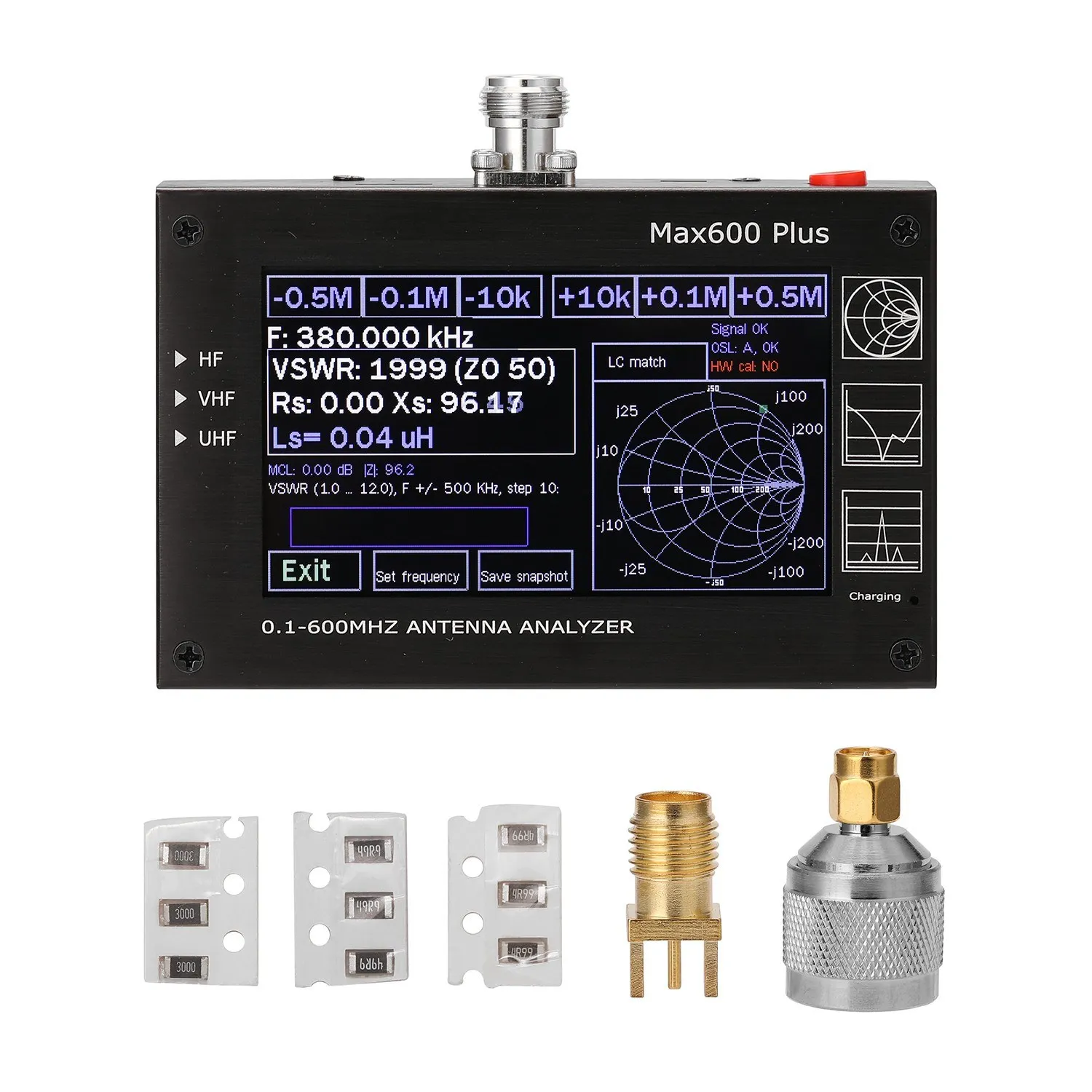 

Max600 Plus HF VHF UHF Antenna Analyzer 0.1-600MHz with 4.3" TFT LCD Touching Screen