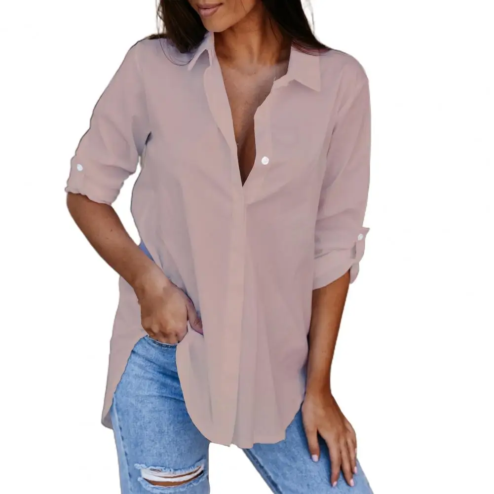 Blusa de manga comprida com decote em v feminina, Oversize Shirt, Monocromática, Casual, Todos os jogos, Outono, 2021