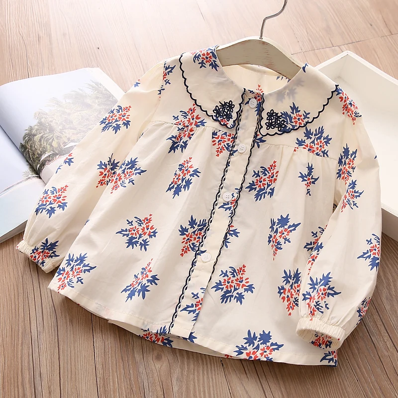 2024 New Spring Autumn 2 3 4 6 8 10 12 Years Children Cotton Floral Long Sleeve Tops Kids Baby Girl Peterpan Collar Blouse Shirt