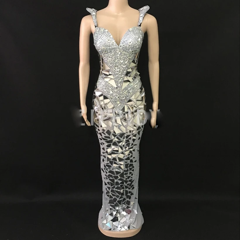 Celebrate Bling gold Mirror Dresses Shining Silver Sequins Rhinestone Dress Women Birthday Bright Sexy Costume