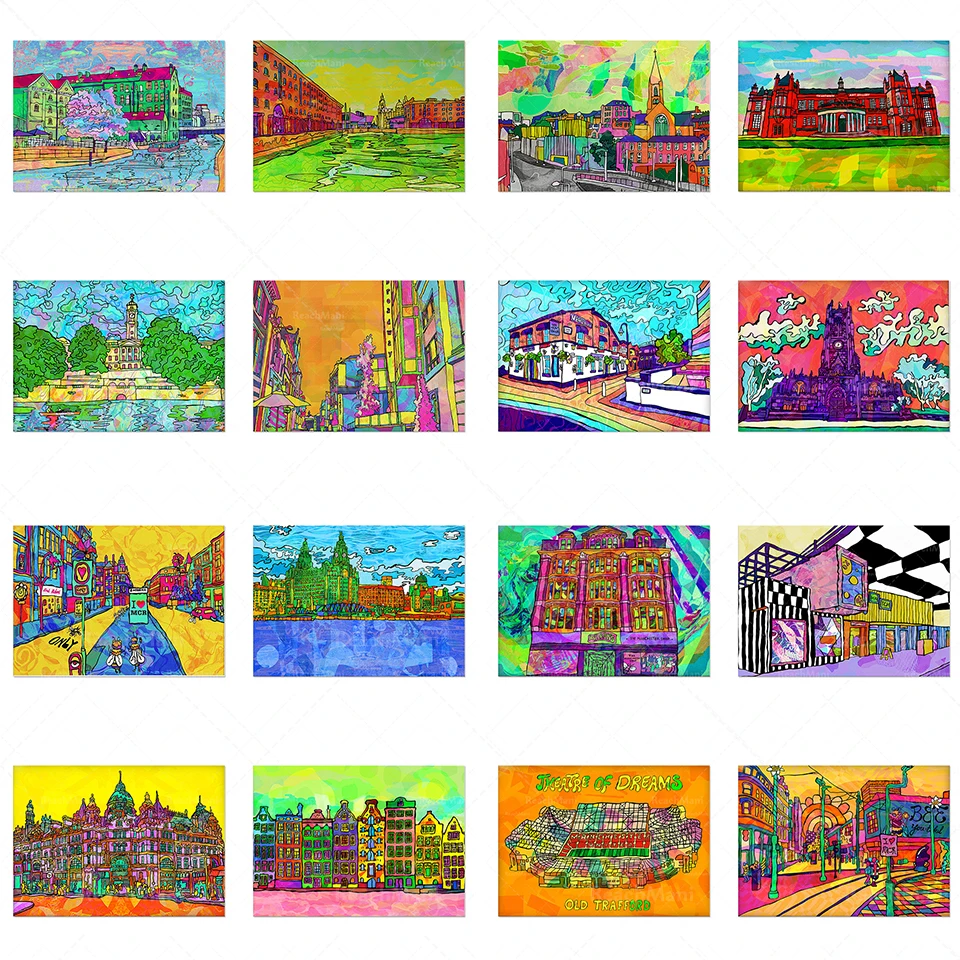

Manchester City art prints, psychedelic posters, Adair Market street art, colorful abstract modern wall art, unique pop landscap