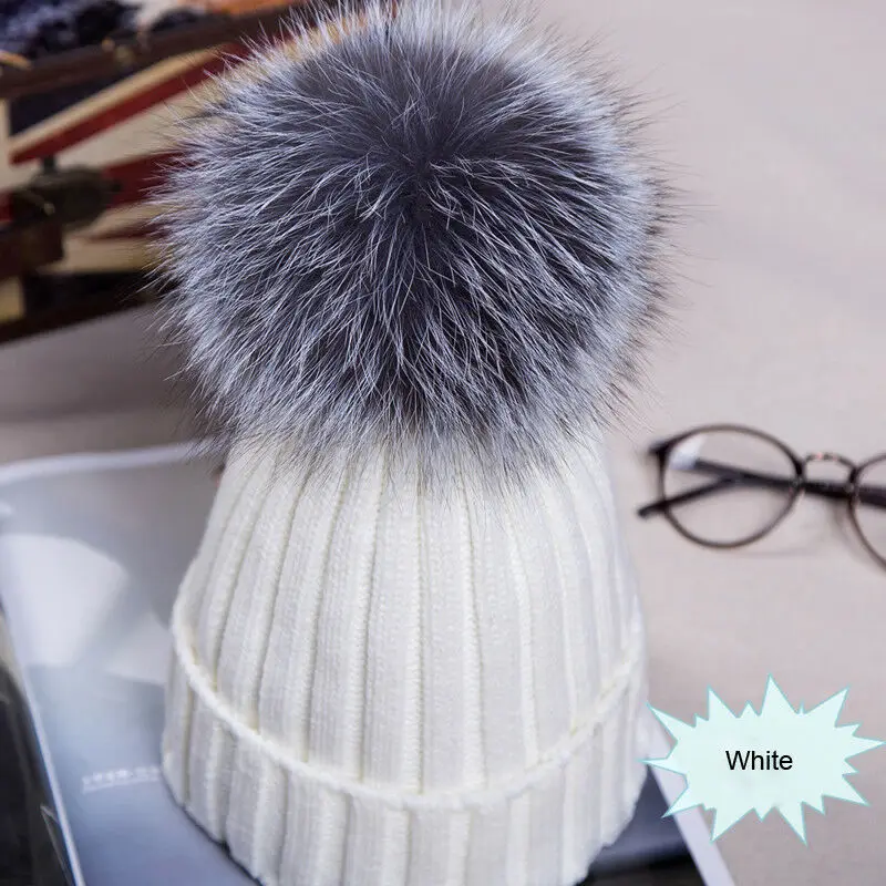 Winter NEW Women Pom Pom Beanies Warm Knitted Bobble Girl Fur Pompom Hats Real Raccoon Fur Pompon Casual Hat Cap