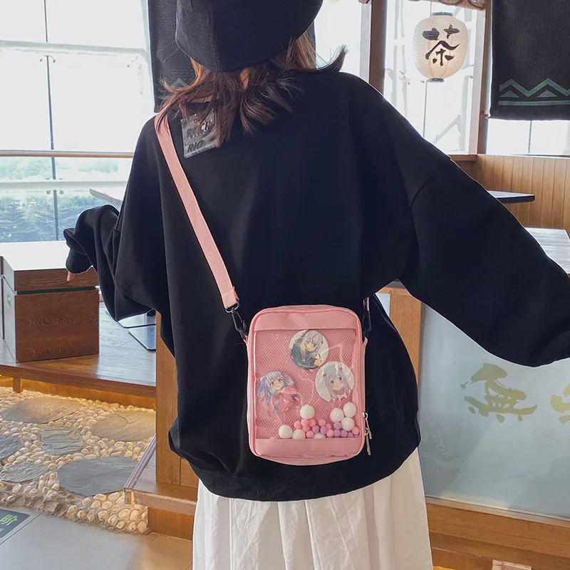 Japan itabag school girls student small canvas bag mesh pocket with colorful hairballs transparent bag flap crossbody bag women