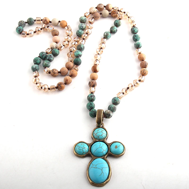 Fashion Bohemian Tribal Jewelry Stone Long Knotted Aqua Cross Necklaces For Women