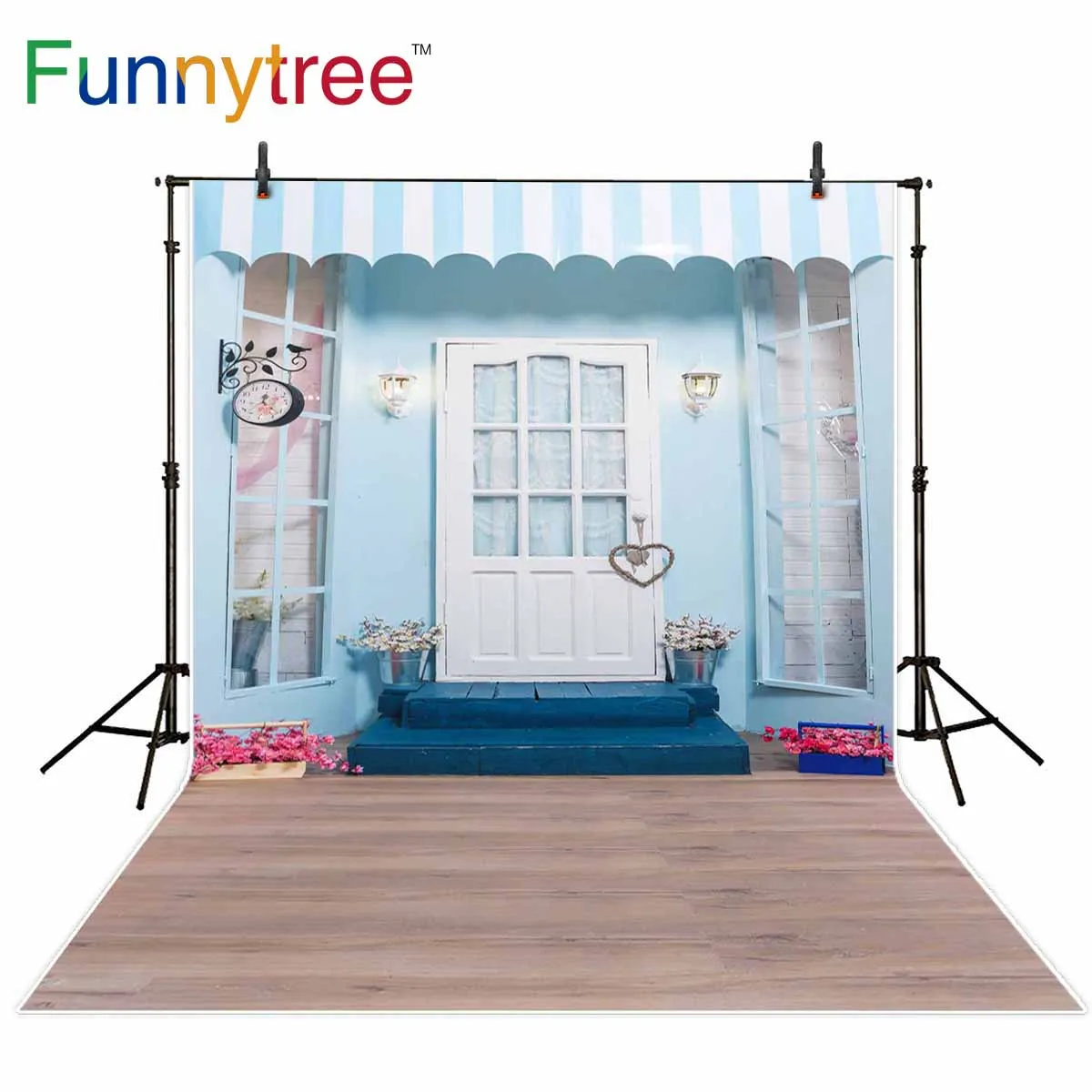 Funnytree photocall backrop store flower light door wooden board summer photography background shoot prop celebration photophone