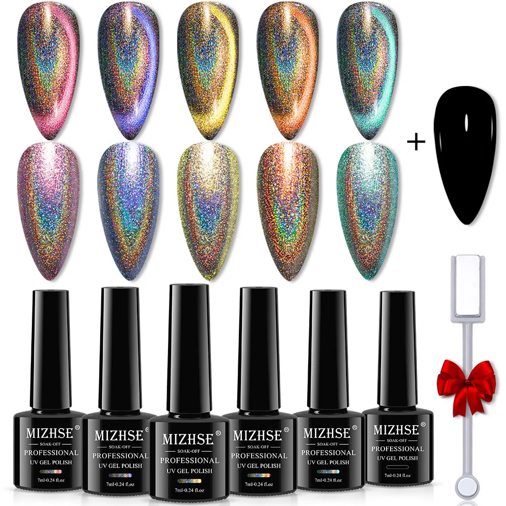 

MIZHSE 6PCS Gel Nail Polish Set Holographic 9D Cat Eye Gel Magic Soak Off Semi Permanent Varnish Hybird Nail Polish for Nail Art