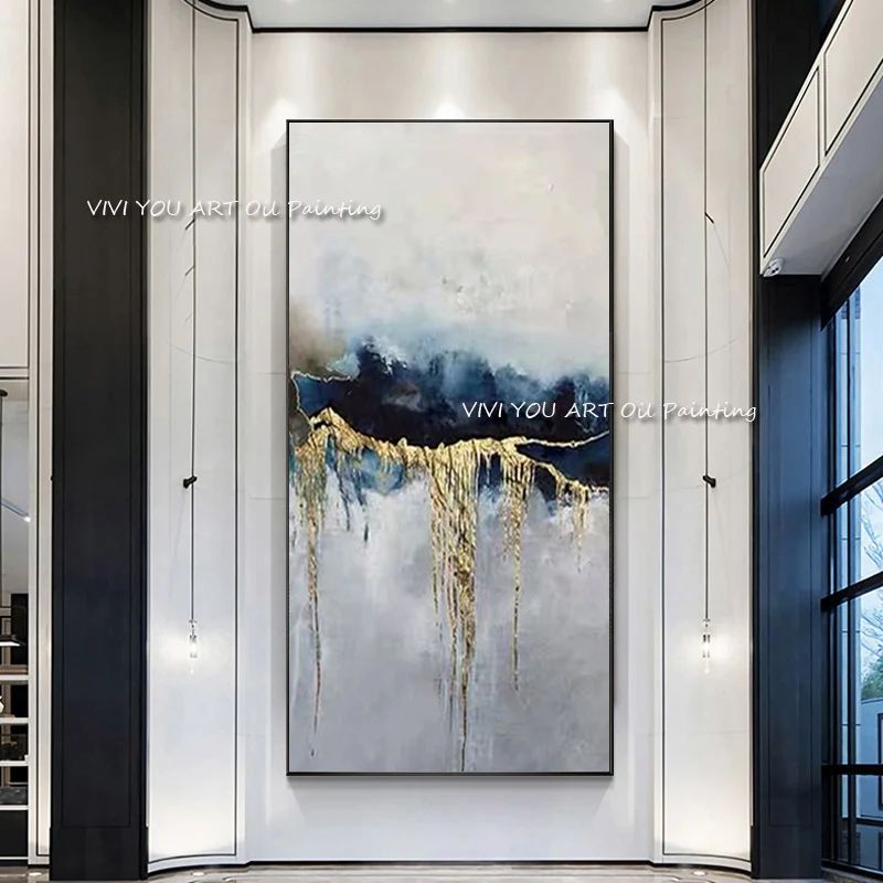 The Hot Blue Yellow Gray Hand-painted Abstract Oil Paintings Canvas Wall Art Pictures Home Wall Decor for Living Room Bed Room