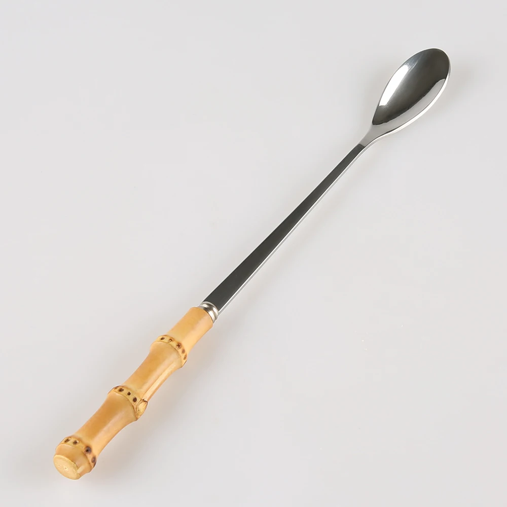 Milk Drink Ice Beverage Dessert Honey Stirring Stainless Steel Wood Bamboo Root Stick Handle Small Long Tea Coffee Spoon
