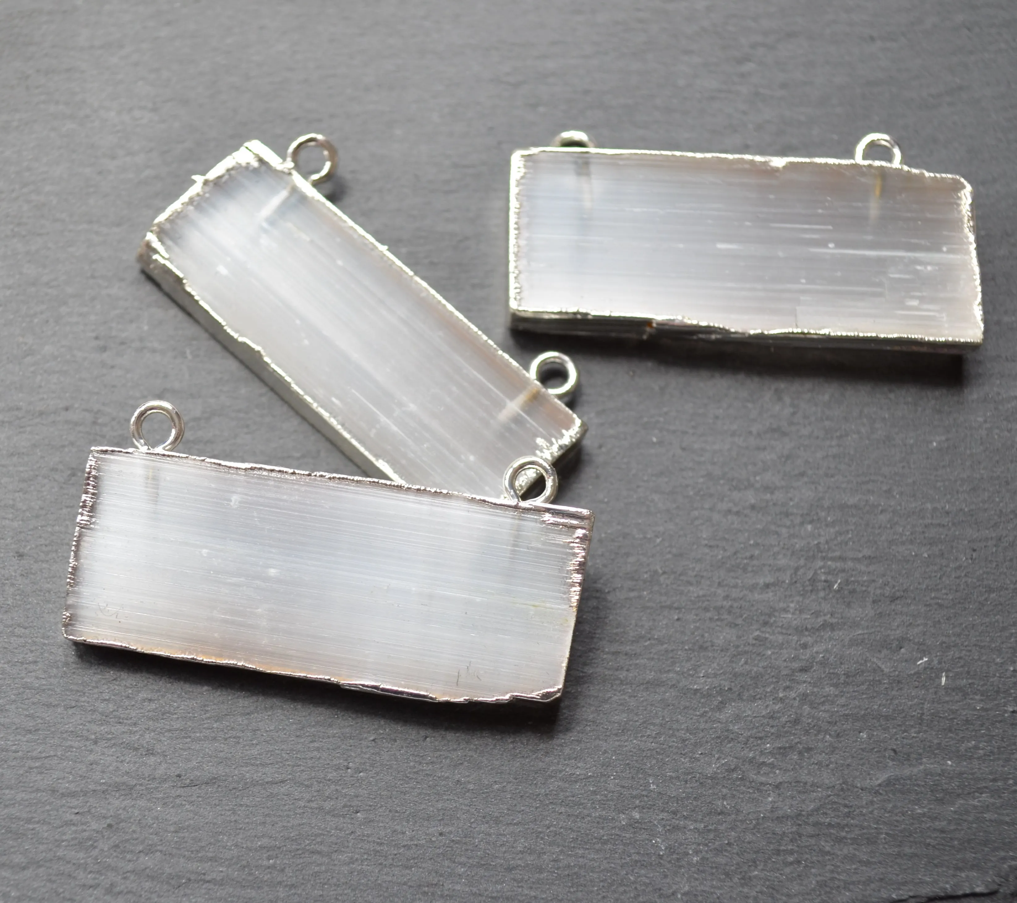 New silvery Electroplated Selenite pendant for jewelry making, white selenite slice pendant