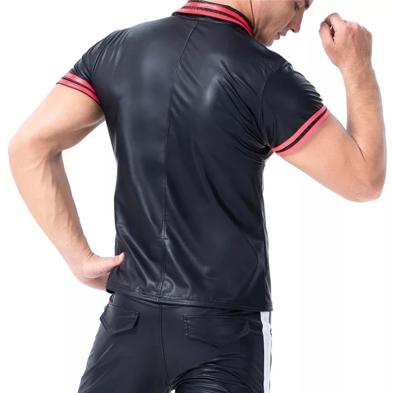 Mens Sexy Faux หนังสั้นเสื้อเร้าอารมณ์ Shaping Sheath Latex ลำลองเสื้อยืดชายสิทธิบัตรหนัง Polo เสื้อ