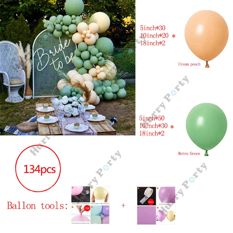 134pcs Retro Green Balloons Garland Arch Kit Cream Peach Apricot Balloons Wedding Birthday Party Decoration Baby Shower Supplies