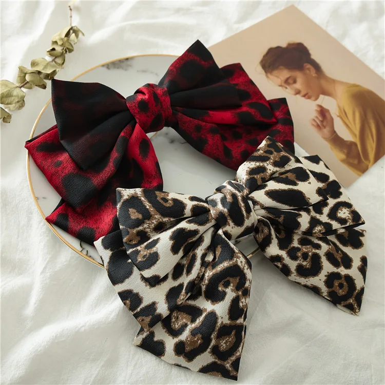 New Fashion Boutique Cloth Leopard Three Layers Big Bow Hairpin Spring Clip Barrettes Women Girls Hair Accessoriesr Headwear